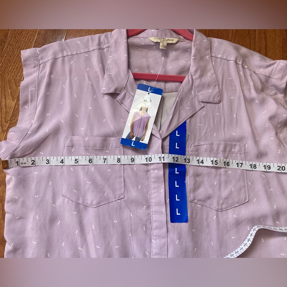 NWT JACHS Girlfriend Button Up short sleeve Top Purple w/Dots LARGE - Picture 6 of 7